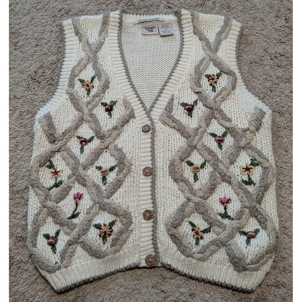 Vtg Hand Knit Chunky Sweater Vest Sz M Grandma Grannycore Cottagecore Floral
